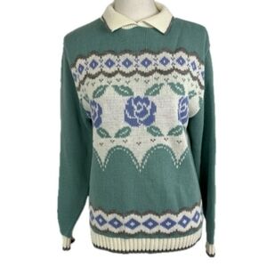 Vintage Cap Cod 80s 90s Collared Sweater Size M  Roses Cottagecore Granny Twee